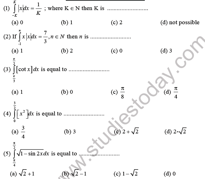JEE Mathematics Definite Integration MCQs Set A, Multiple Choice Questions